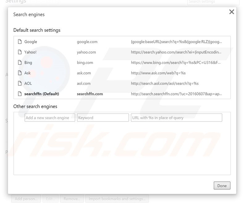Removing search.searchffn.com from Google Chrome default search engine