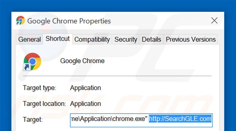 Removing searchgle.com from Google Chrome shortcut target step 2