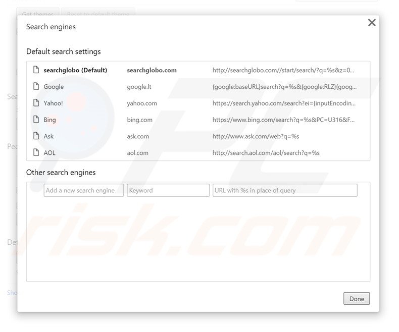 Removing searchglobo.com from Google Chrome default search engine