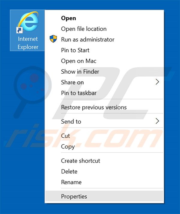Removing searchglobo.com from Internet Explorer shortcut target step 1