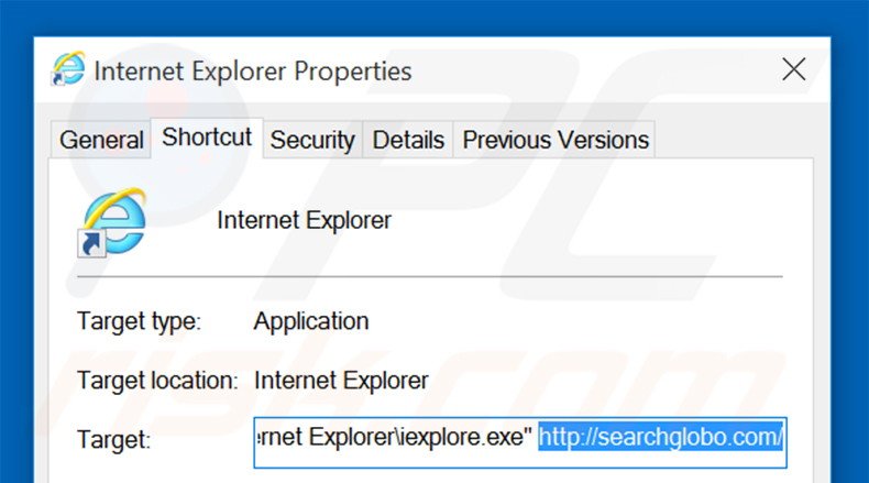 Removing searchglobo.com from Internet Explorer shortcut target step 2