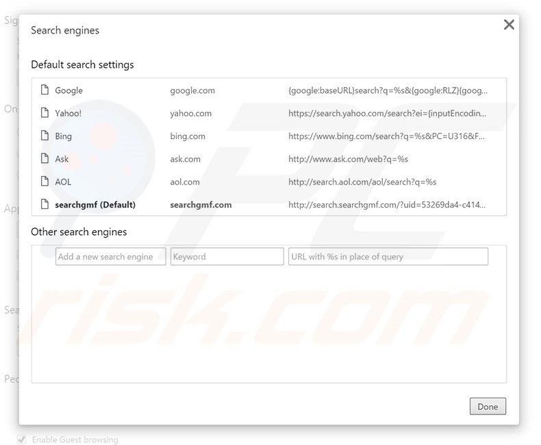 Removing search.searchgmf.com from Google Chrome default search engine
