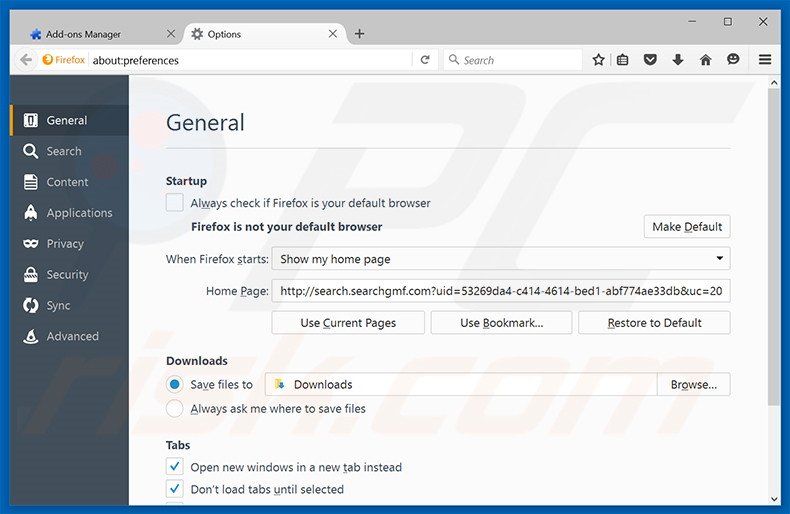 Removing search.searchgmf.com from Mozilla Firefox homepage