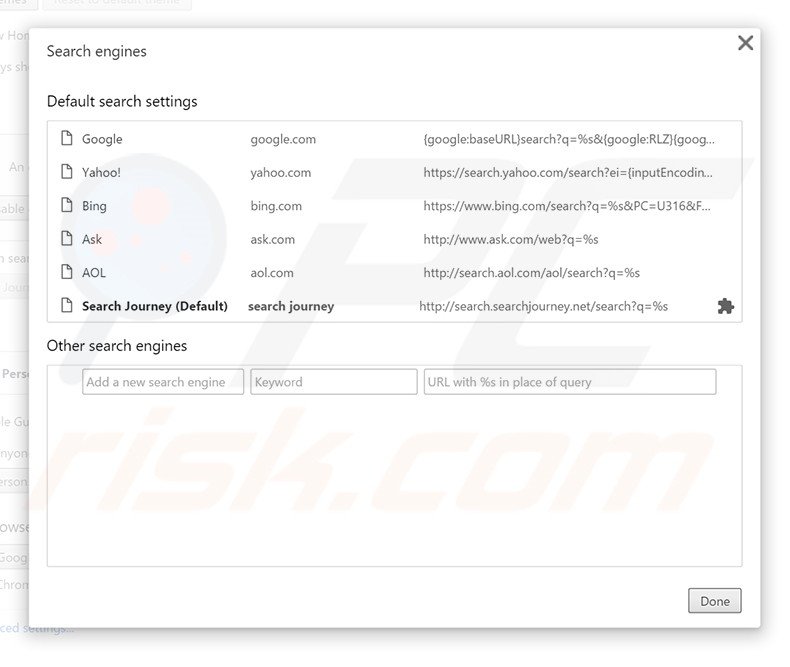 Removing home.searchjourney.net from Google Chrome default search engine