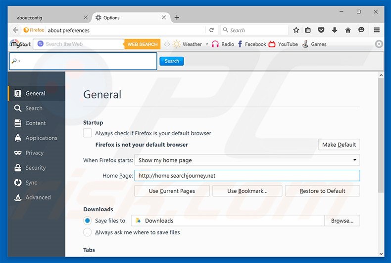 Removing home.searchjourney.net from Mozilla Firefox homepage