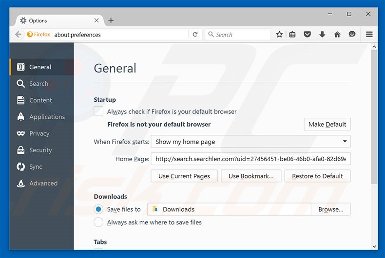 Removing search.searchlen.com from Mozilla Firefox homepage