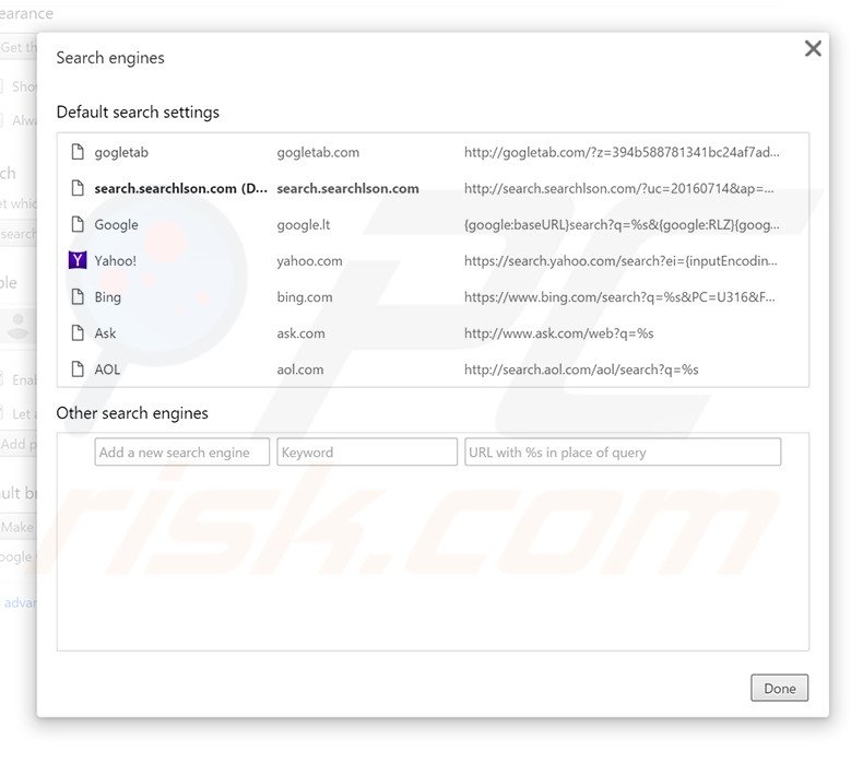 Removing search.searchlson.com from Google Chrome default search engine
