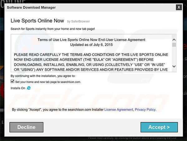 Official Live Sports Online Now browser hijacker installation setup