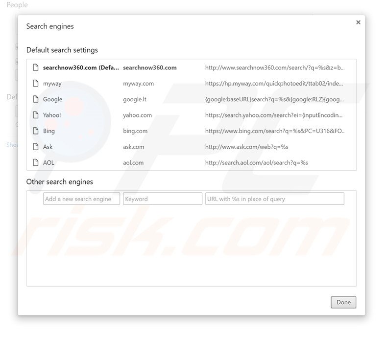 Removing searchnow360.com from Google Chrome default search engine