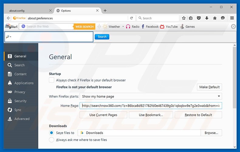 Removing searchnow360.com from Mozilla Firefox homepage