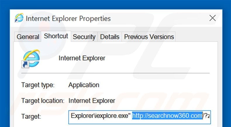 Removing searchnow360.com from Internet Explorer shortcut target step 2