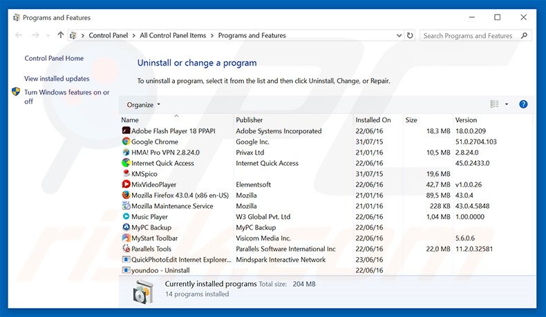 searchnow360.com browser hijacker uninstall via Control Panel