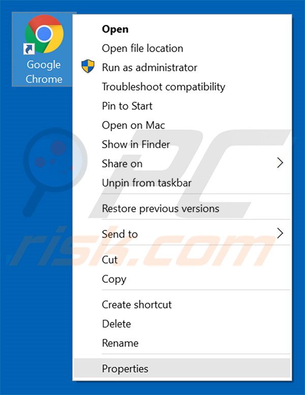 Removing searchopa.com from Google Chrome shortcut target step 1