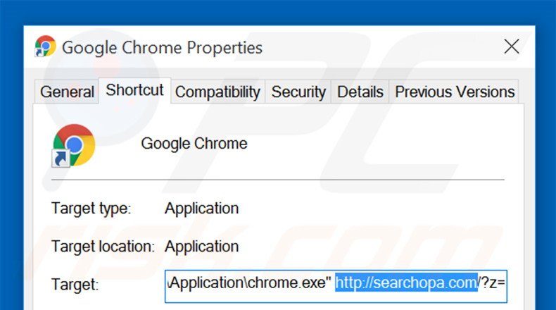 Removing searchopa.com from Google Chrome shortcut target step 2