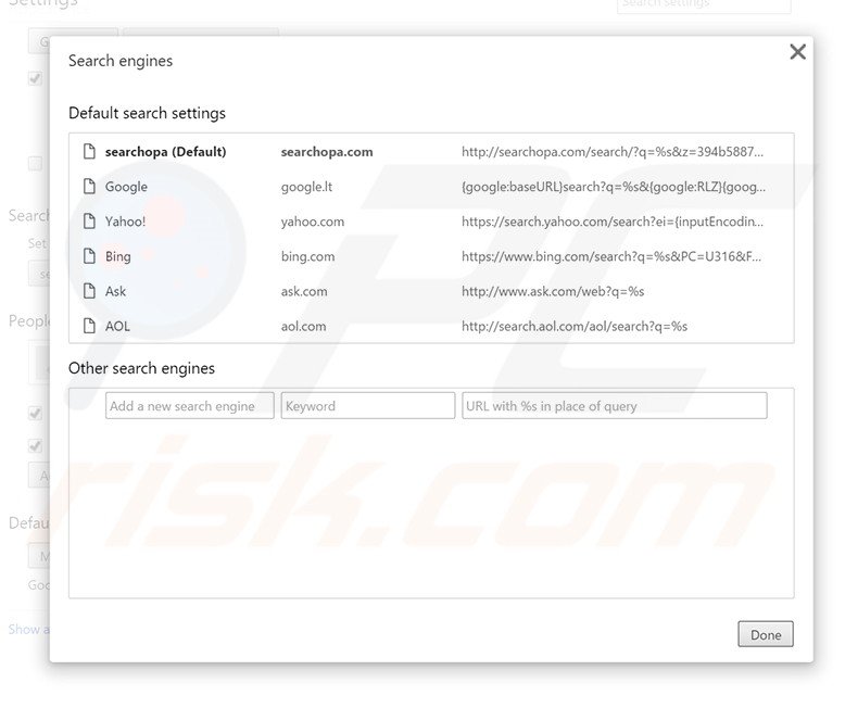 Removing searchopa.com from Google Chrome default search engine