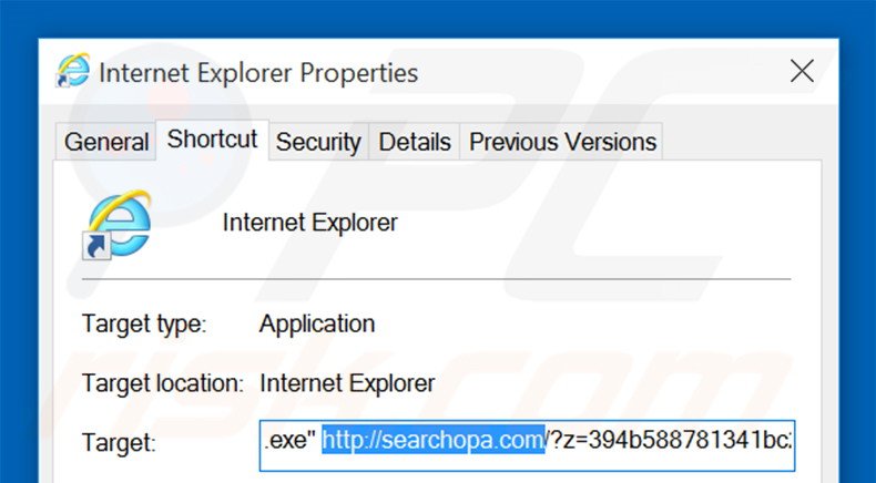 Removing searchopa.com from Internet Explorer shortcut target step 2