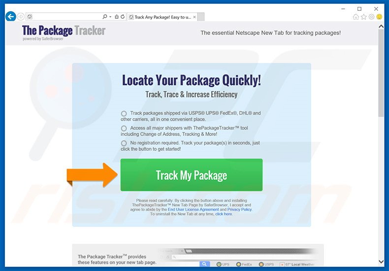 Website used to promote Package Tracker browser hijacker