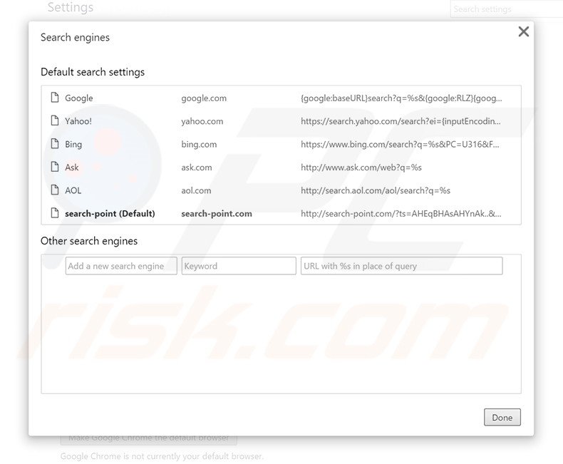 Removing search-point.com from Google Chrome default search engine