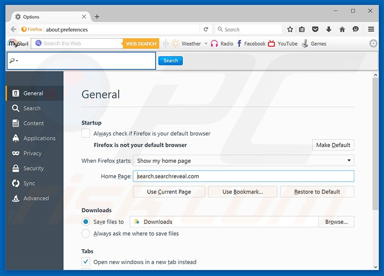 Removing search.searchreveal.com from Mozilla Firefox homepage