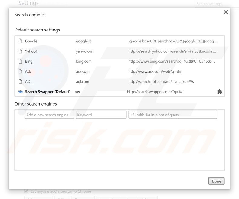 Removing searchswapper.com from Google Chrome default search engine
