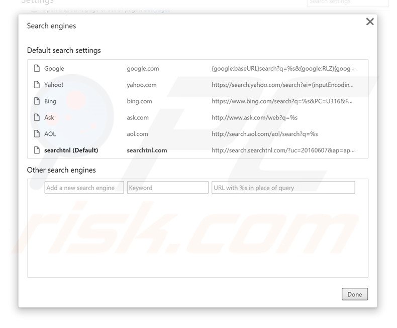 Removing search.searchtnl.com from Google Chrome default search engine