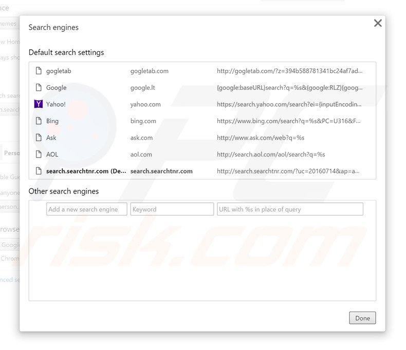 Removing search.searchtnr.com from Google Chrome default search engine