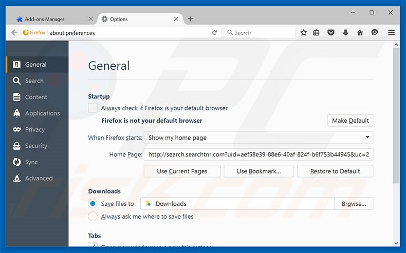 Removing search.searchtnr.com from Mozilla Firefox homepage