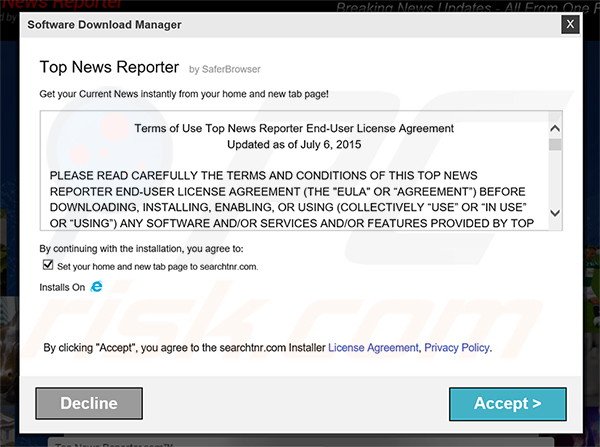 Official Top News Reporter browser hijacker installation setup