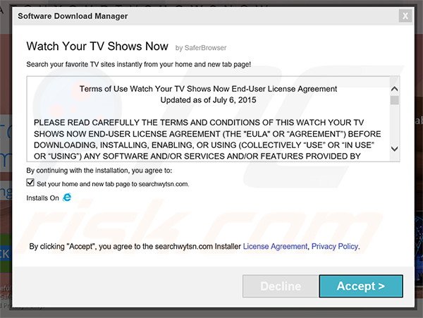 Official Watch Your TV Shows Now browser hijacker installation setup
