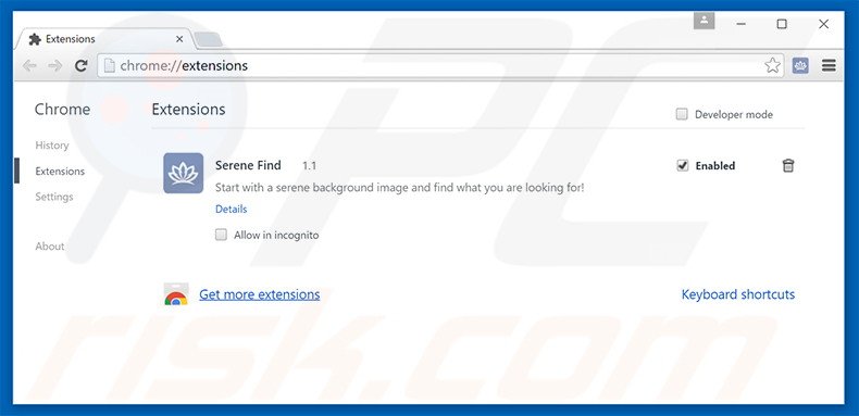 Removing home.serenefind.com related Google Chrome extensions