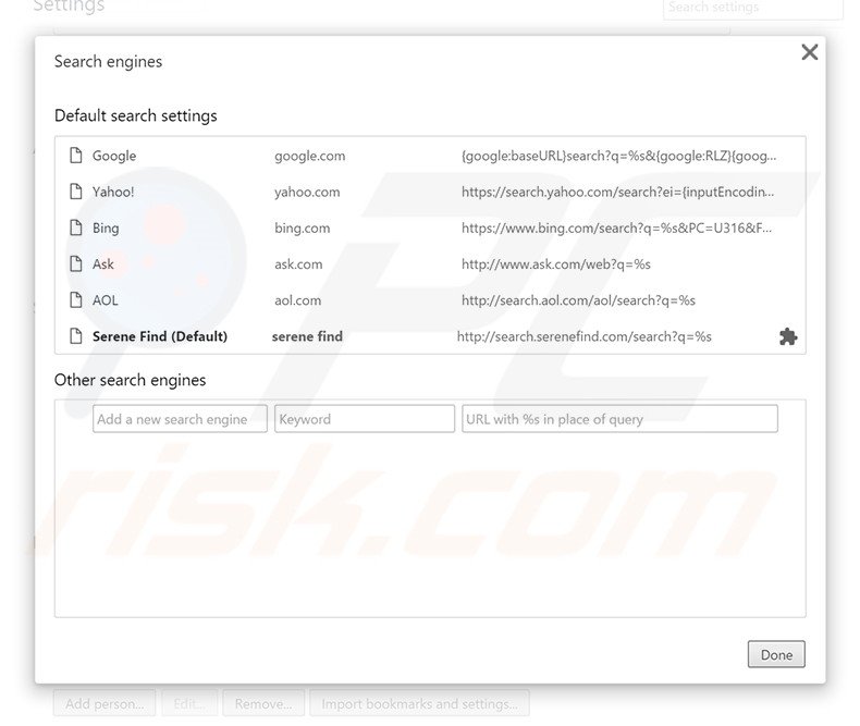 Removing home.serenefind.com from Google Chrome default search engine