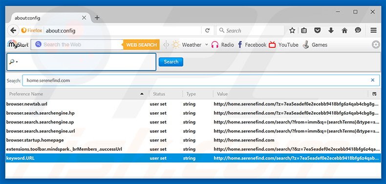 Removing home.serenefind.com from Mozilla Firefox default search engine