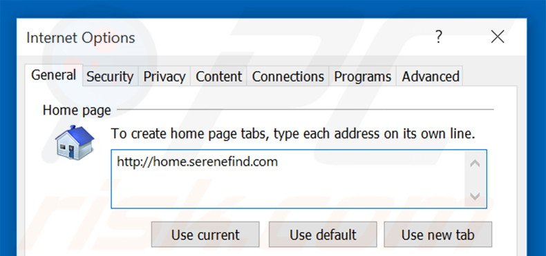 Removing home.serenefind.com from Internet Explorer homepage