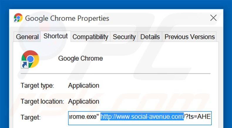 Removing social-avenue.com from Google Chrome shortcut target step 2