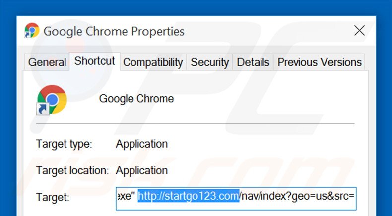 Removing startgo123.com from Google Chrome shortcut target step 2