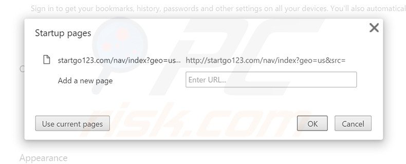 Removing startgo123.com from Google Chrome homepage