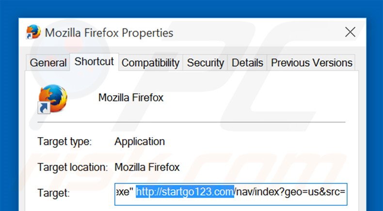 Removing startgo123.com from Mozilla Firefox shortcut target step 2