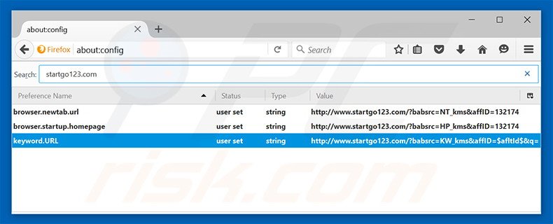 Removing startgo123.com from Mozilla Firefox default search engine