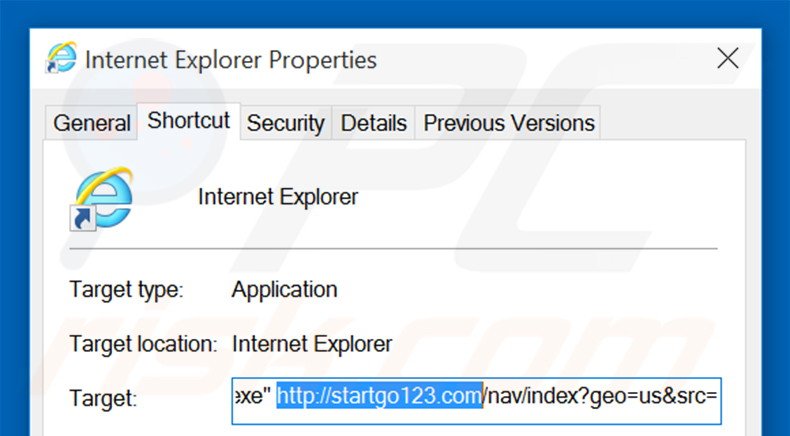 Removing startgo123.com from Internet Explorer shortcut target step 2