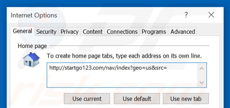 Removing startgo123.com from Internet Explorer homepage