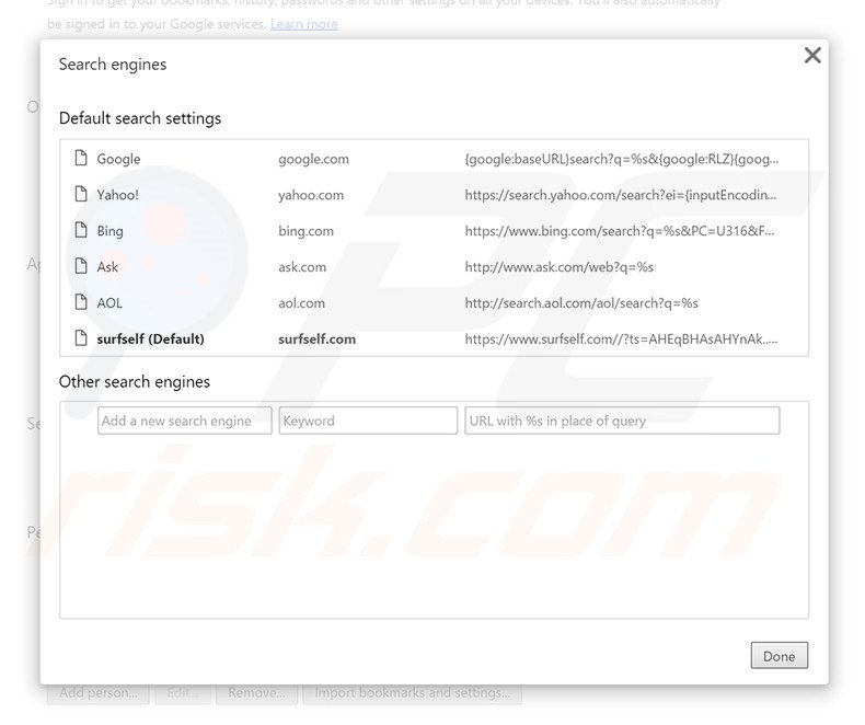 Removing surfself.com from Google Chrome default search engine