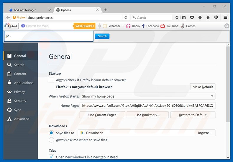 Removing surfself.com from Mozilla Firefox homepage
