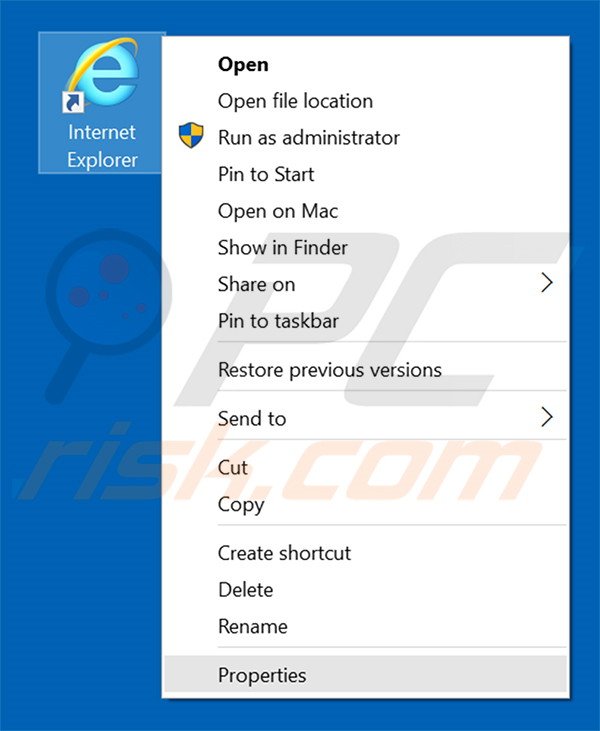Removing surfself.com from Internet Explorer shortcut target step 1