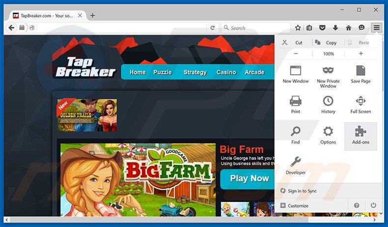 Removing TapBreaker ads from Mozilla Firefox step 1