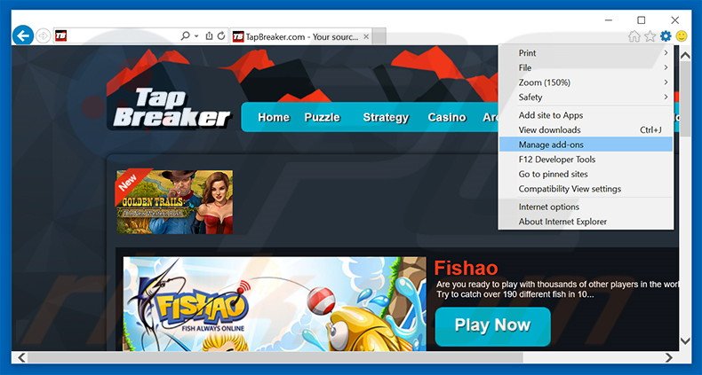 Removing TapBreaker ads from Internet Explorer step 1