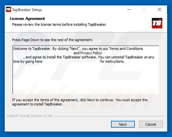 Official TapBreaker adware installation setup