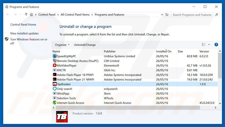 TapBreaker adware uninstall via Control Panel