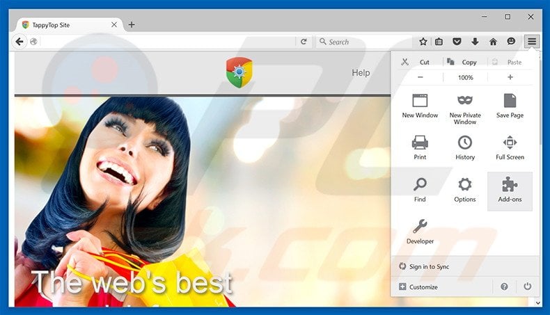 Removing TappyTop Browser ads from Mozilla Firefox step 1
