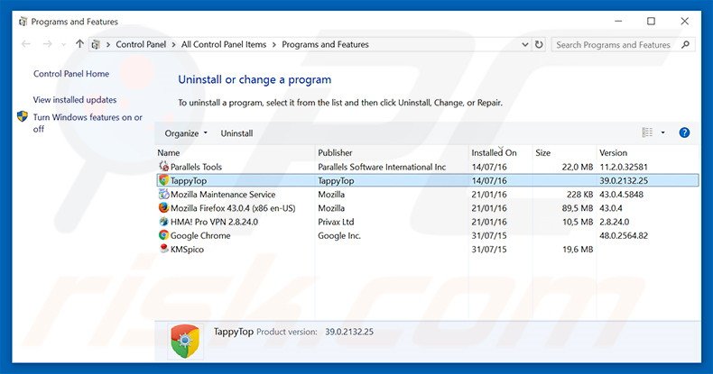 TappyTop Browser adware uninstall via Control Panel