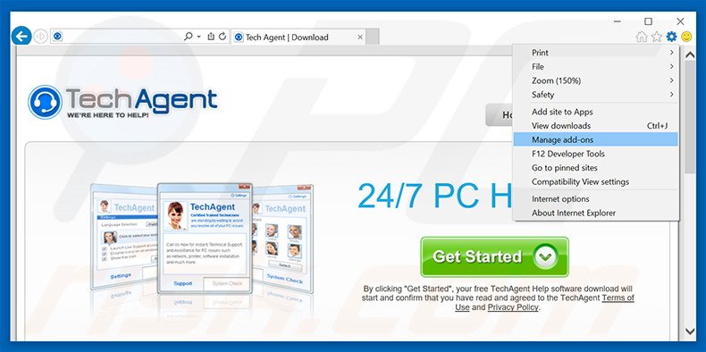 Removing TechAgent ads from Internet Explorer step 1